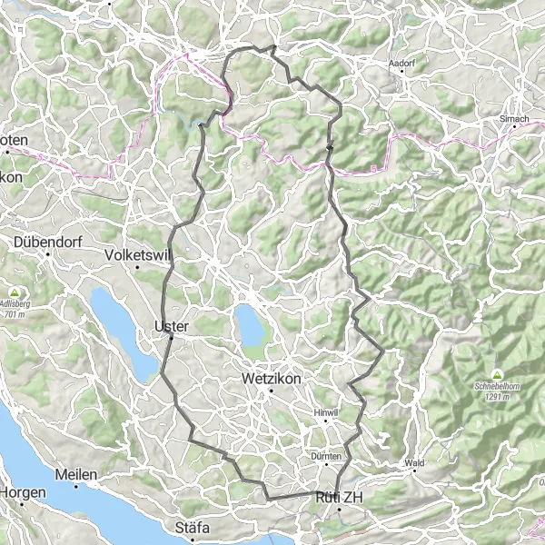 Zemljevid v pomanjšavi "Wiesendangen - Rüti ZH - Kyburg - Hegiberg" kolesarske inspiracije v Zürich, Switzerland. Generirano z načrtovalcem kolesarskih poti Tarmacs.app
