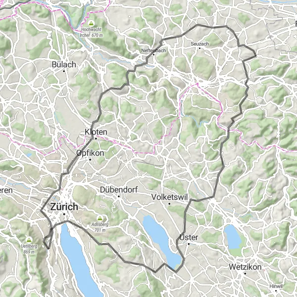 Miniatura della mappa di ispirazione al ciclismo "Scopri il territorio tra Uster e Neftenbach" nella regione di Zürich, Switzerland. Generata da Tarmacs.app, pianificatore di rotte ciclistiche