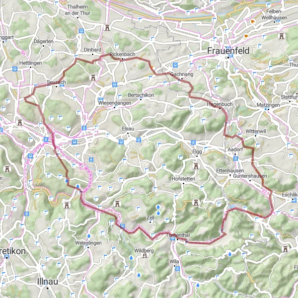 Mapa miniatúra "Gravel cyklistická trasa cez Kirch-Dinhard a Eschenberg" cyklistická inšpirácia v Zürich, Switzerland. Vygenerované cyklistickým plánovačom trás Tarmacs.app