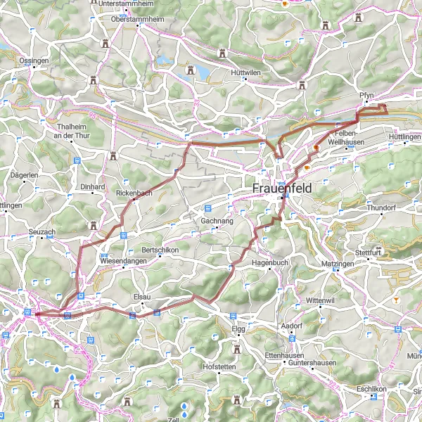 Miniatua del mapa de inspiración ciclista "Ruta de Grava Rathaus - Winterthur" en Zürich, Switzerland. Generado por Tarmacs.app planificador de rutas ciclistas