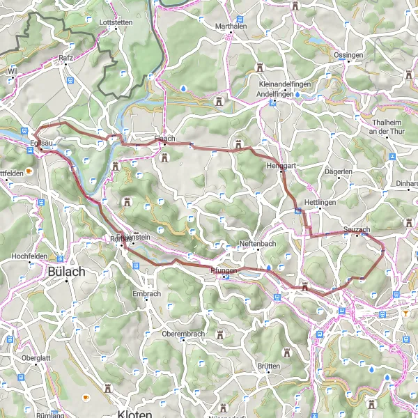 Miniature de la carte de l'inspiration cycliste "Parcours en gravier de Winterthur à Eglisau via Taggenberg" dans la Zürich, Switzerland. Générée par le planificateur d'itinéraire cycliste Tarmacs.app