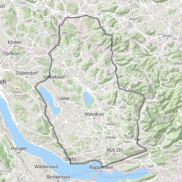 Zemljevid v pomanjšavi "Pustolovska cestna tura na 98 km" kolesarske inspiracije v Zürich, Switzerland. Generirano z načrtovalcem kolesarskih poti Tarmacs.app