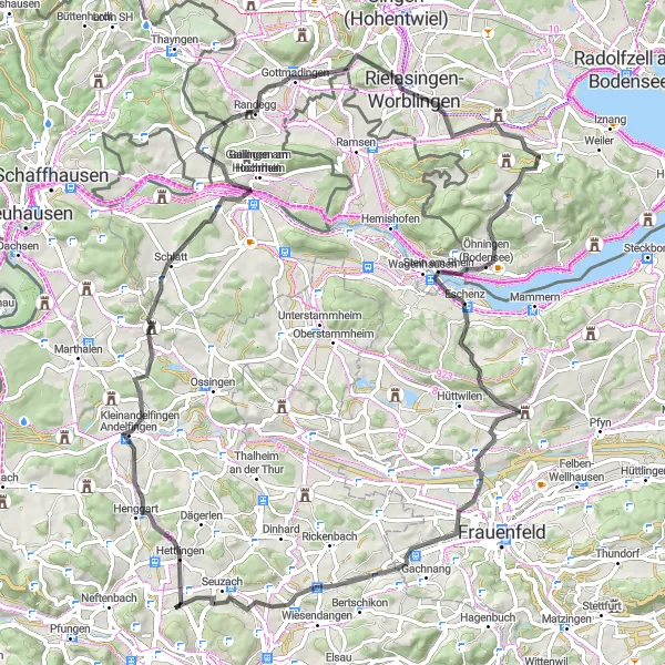 Kartminiatyr av "Lang landeveistur med spektakulære utsikter" sykkelinspirasjon i Zürich, Switzerland. Generert av Tarmacs.app sykkelrutoplanlegger