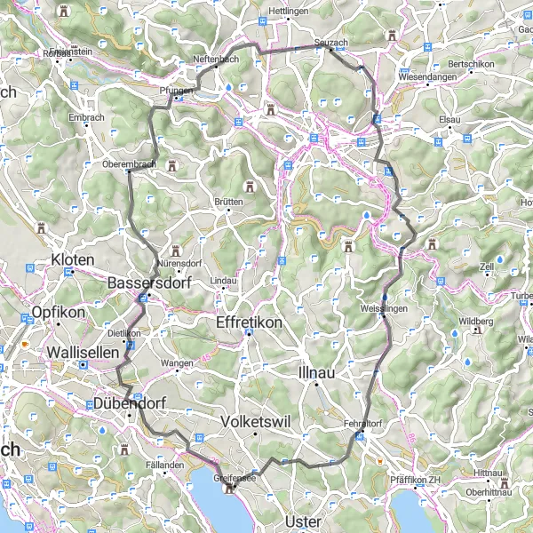 Miniatua del mapa de inspiración ciclista "Ruta en carretera Sessel - Seuzach" en Zürich, Switzerland. Generado por Tarmacs.app planificador de rutas ciclistas