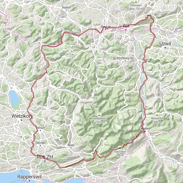 Miniatua del mapa de inspiración ciclista "Ruta de ciclismo de gravilla a Rüeterswil" en Zürich, Switzerland. Generado por Tarmacs.app planificador de rutas ciclistas