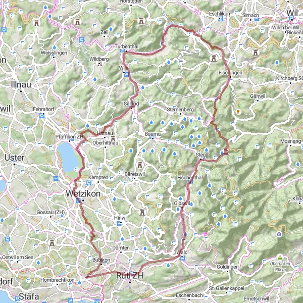Map miniature of "Scenic Gravel Ride" cycling inspiration in Zürich, Switzerland. Generated by Tarmacs.app cycling route planner