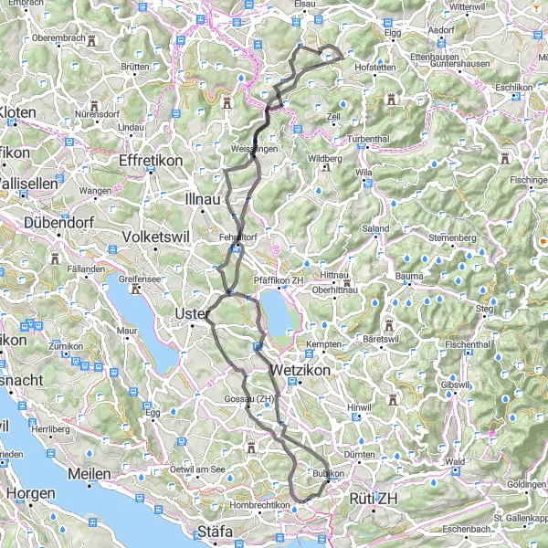 Map miniature of "Ricketwil & Seegräben Circuit" cycling inspiration in Zürich, Switzerland. Generated by Tarmacs.app cycling route planner