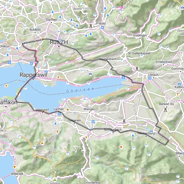 Miniaturní mapa "Road ze Wolfhausenu kolem Zurichského jezera" inspirace pro cyklisty v oblasti Zürich, Switzerland. Vytvořeno pomocí plánovače tras Tarmacs.app