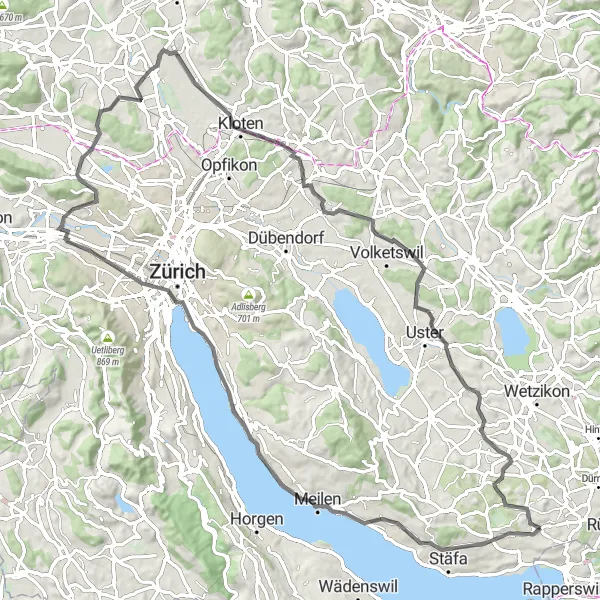 Miniatura della mappa di ispirazione al ciclismo "Passeggiata tra i villaggi di Hombrechtikon e Wangen" nella regione di Zürich, Switzerland. Generata da Tarmacs.app, pianificatore di rotte ciclistiche