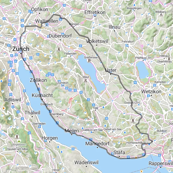 Mapa miniatúra "Jazda okolo Zürichu a Wallisellen" cyklistická inšpirácia v Zürich, Switzerland. Vygenerované cyklistickým plánovačom trás Tarmacs.app