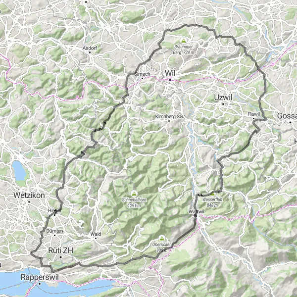 Zemljevid v pomanjšavi "Razgibana cestna pot okoli Wolfhausna" kolesarske inspiracije v Zürich, Switzerland. Generirano z načrtovalcem kolesarskih poti Tarmacs.app