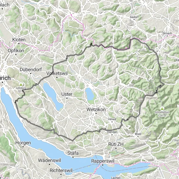 Zemljevid v pomanjšavi "Cesta skozi slikovito švicarsko podeželje do Züricha" kolesarske inspiracije v Zürich, Switzerland. Generirano z načrtovalcem kolesarskih poti Tarmacs.app