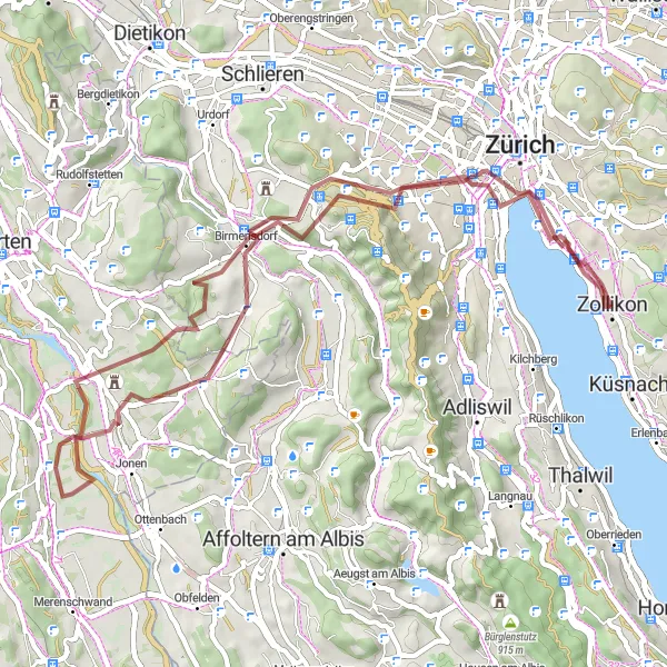 Miniature de la carte de l'inspiration cycliste "Le Tour du Lac de Zurich Gravel" dans la Zürich, Switzerland. Générée par le planificateur d'itinéraire cycliste Tarmacs.app