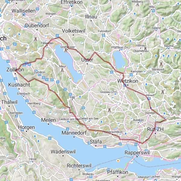 Miniatura della mappa di ispirazione al ciclismo "Percorso in bicicletta attraverso la campagna di Fällanden-Rüti ZH" nella regione di Zürich, Switzerland. Generata da Tarmacs.app, pianificatore di rotte ciclistiche