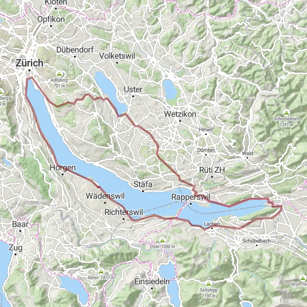Miniatura della mappa di ispirazione al ciclismo "Tour in gravel verso Wangen" nella regione di Zürich, Switzerland. Generata da Tarmacs.app, pianificatore di rotte ciclistiche