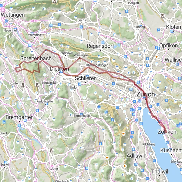 Map miniature of "Zollikon - Altstadt - Riesbach" cycling inspiration in Zürich, Switzerland. Generated by Tarmacs.app cycling route planner