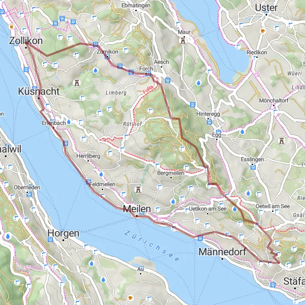 Miniatura della mappa di ispirazione al ciclismo "Giro in bicicletta attraverso Zumikon e Pfannenstiel" nella regione di Zürich, Switzerland. Generata da Tarmacs.app, pianificatore di rotte ciclistiche