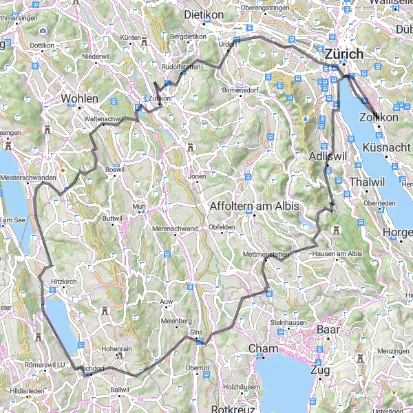 Miniature de la carte de l'inspiration cycliste "Le Circuit des Collines Sinueuses" dans la Zürich, Switzerland. Générée par le planificateur d'itinéraire cycliste Tarmacs.app