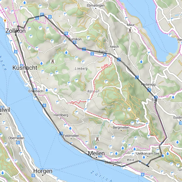 Map miniature of "Zumikon Circular Road Route" cycling inspiration in Zürich, Switzerland. Generated by Tarmacs.app cycling route planner