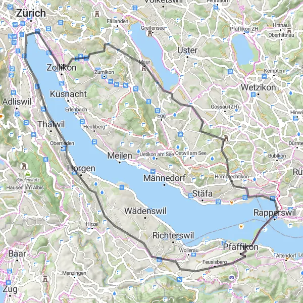 Miniatua del mapa de inspiración ciclista "Ruta escénica en bicicleta por Zollikon y sus alrededores" en Zürich, Switzerland. Generado por Tarmacs.app planificador de rutas ciclistas