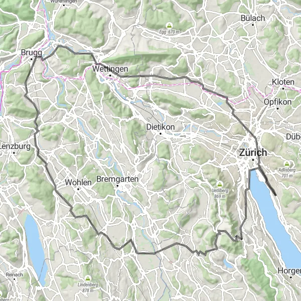 Zemljevid v pomanjšavi "Izzivalna cestna kolesarska pot blizu Zollikona" kolesarske inspiracije v Zürich, Switzerland. Generirano z načrtovalcem kolesarskih poti Tarmacs.app