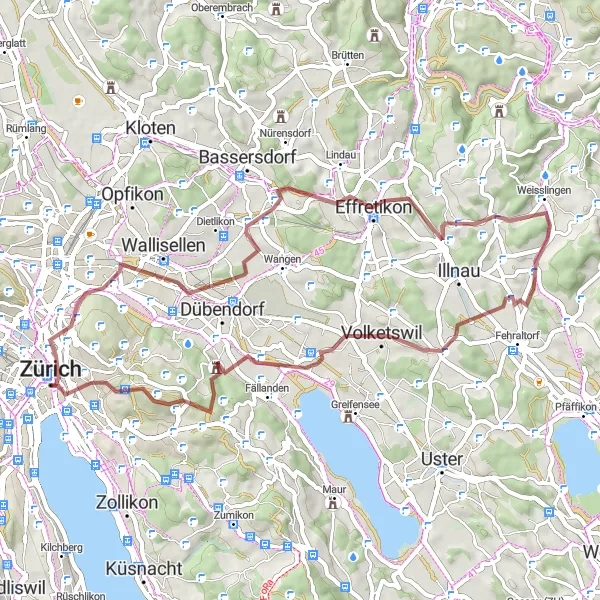 Map miniature of "Zurich Gravel Adventure" cycling inspiration in Zürich, Switzerland. Generated by Tarmacs.app cycling route planner