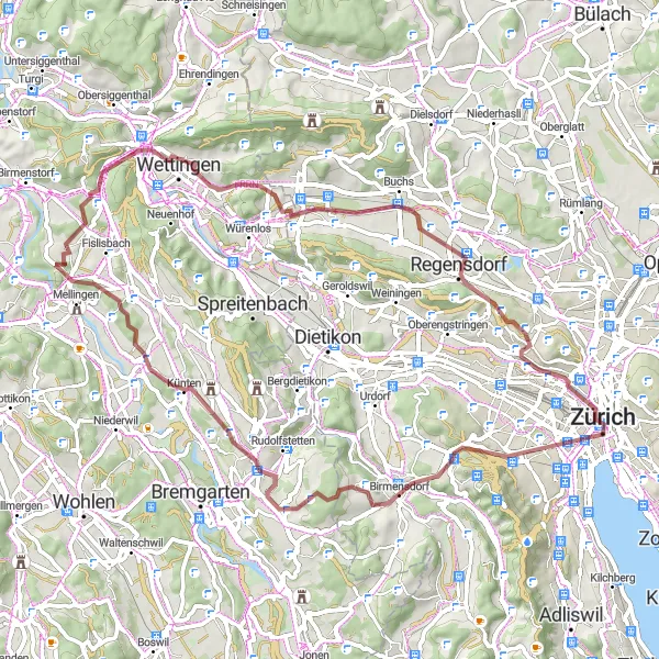 Karttaminiaatyyri "Zürich - Birmensdorf - Hönggerberg - Altstadt - Lindenhof" pyöräilyinspiraatiosta alueella Zürich, Switzerland. Luotu Tarmacs.app pyöräilyreittisuunnittelijalla