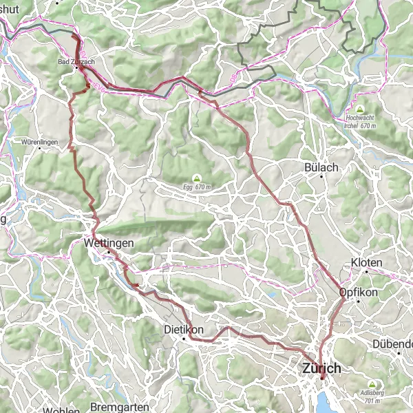 Mapa miniatúra "Gravel Trail of Legends" cyklistická inšpirácia v Zürich, Switzerland. Vygenerované cyklistickým plánovačom trás Tarmacs.app