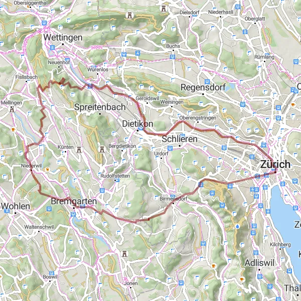 Miniature de la carte de l'inspiration cycliste "Le Tour des Ruines de Zurich" dans la Zürich, Switzerland. Générée par le planificateur d'itinéraire cycliste Tarmacs.app