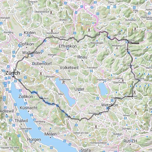 Karten-Miniaturansicht der Radinspiration "Tour durch die Region Zürich - Straßenradtour" in Zürich, Switzerland. Erstellt vom Tarmacs.app-Routenplaner für Radtouren