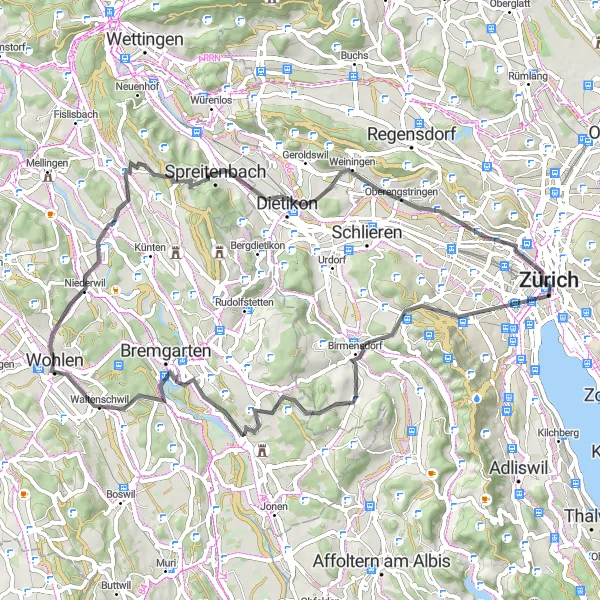 Miniature de la carte de l'inspiration cycliste "Exploration Cycliste autour de Zürich" dans la Zürich, Switzerland. Générée par le planificateur d'itinéraire cycliste Tarmacs.app