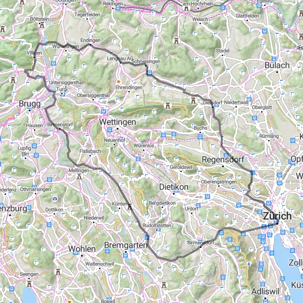 Miniatura della mappa di ispirazione al ciclismo "Esplorazione Stradale tra Villigen e Waid" nella regione di Zürich, Switzerland. Generata da Tarmacs.app, pianificatore di rotte ciclistiche