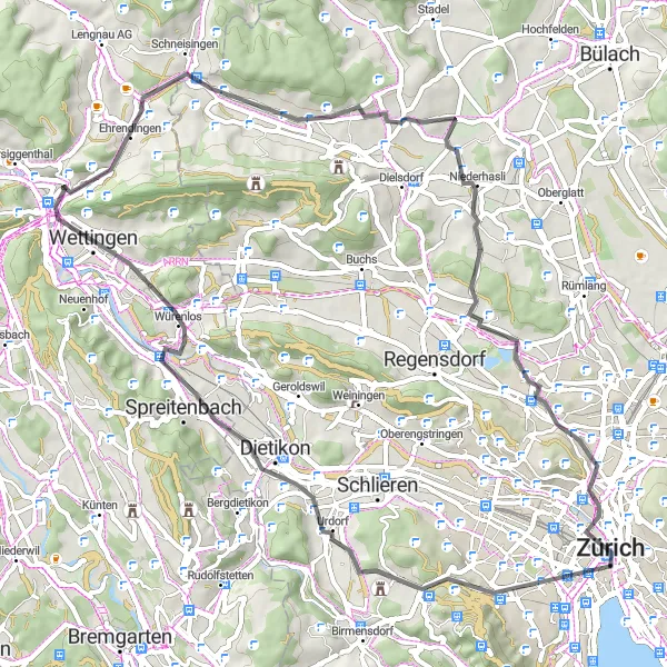 Miniaturní mapa "Okružní trasa Zürichskými předměstími" inspirace pro cyklisty v oblasti Zürich, Switzerland. Vytvořeno pomocí plánovače tras Tarmacs.app