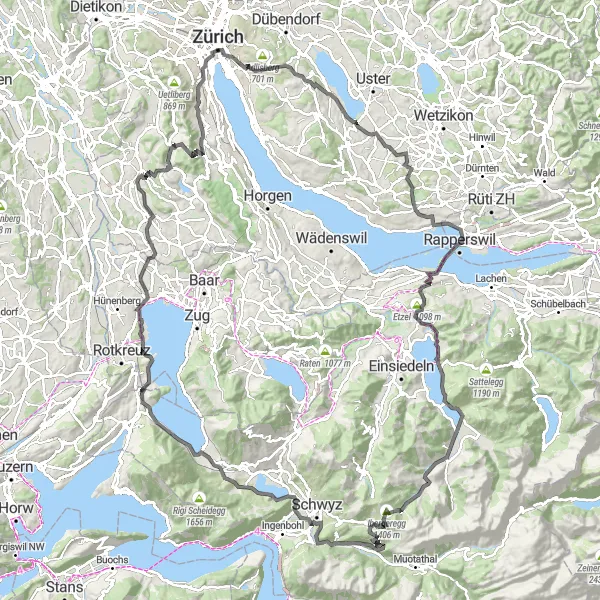 Miniature de la carte de l'inspiration cycliste "Escapade alpine autour de Zurich" dans la Zürich, Switzerland. Générée par le planificateur d'itinéraire cycliste Tarmacs.app