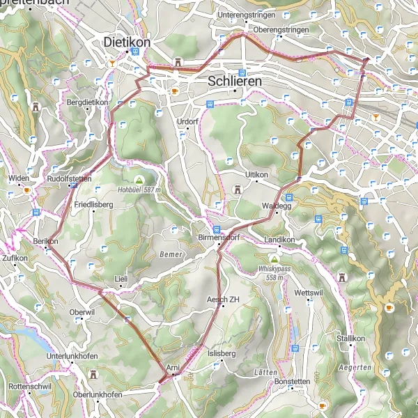 Miniaturní mapa "Gravelová trasa Altstetten - Ruine Schönenwerd" inspirace pro cyklisty v oblasti Zürich, Switzerland. Vytvořeno pomocí plánovače tras Tarmacs.app