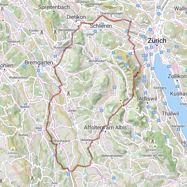 Map miniature of "Zürich to Berikon Gravel Ride" cycling inspiration in Zürich, Switzerland. Generated by Tarmacs.app cycling route planner