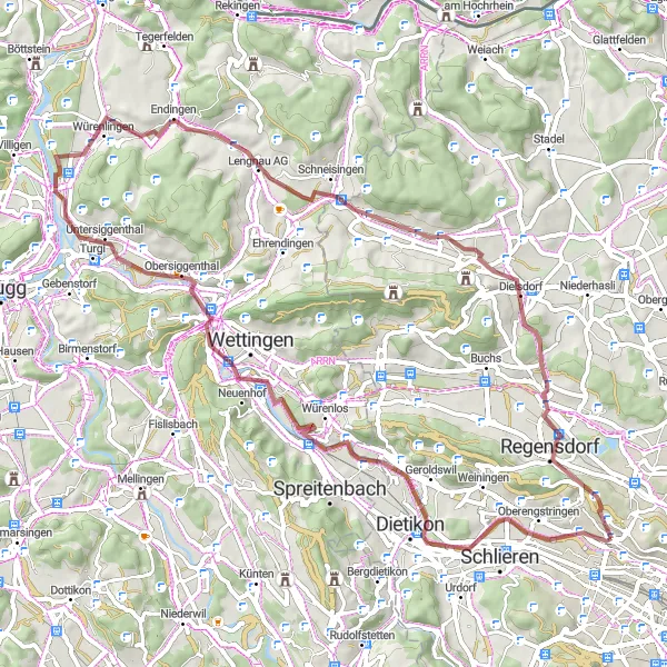 Map miniature of "Gravel Adventure through Rural Landscapes" cycling inspiration in Zürich, Switzerland. Generated by Tarmacs.app cycling route planner