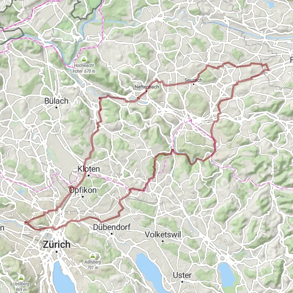 Map miniature of "Gravel Hills" cycling inspiration in Zürich, Switzerland. Generated by Tarmacs.app cycling route planner