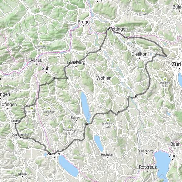 Map miniature of "Challenging Hills and Hidden Gems" cycling inspiration in Zürich, Switzerland. Generated by Tarmacs.app cycling route planner