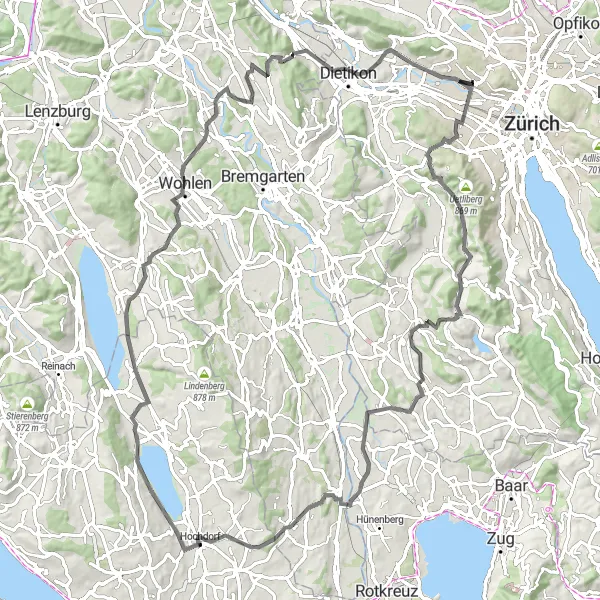 Kartminiatyr av "Uetliberg och Heitersbergpass" cykelinspiration i Zürich, Switzerland. Genererad av Tarmacs.app cykelruttplanerare