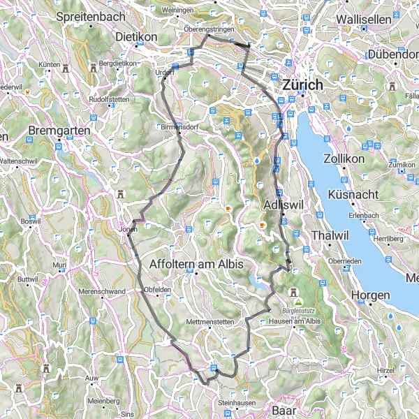 Kartminiatyr av "Høydepunkter langs Albis ruten" sykkelinspirasjon i Zürich, Switzerland. Generert av Tarmacs.app sykkelrutoplanlegger