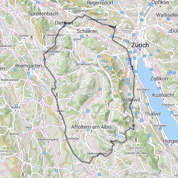 Map miniature of "Zürich to Unterlunkhofen Road Ride" cycling inspiration in Zürich, Switzerland. Generated by Tarmacs.app cycling route planner