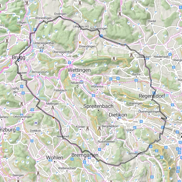 Map miniature of "Challenging Hills and Quaint Villages" cycling inspiration in Zürich, Switzerland. Generated by Tarmacs.app cycling route planner