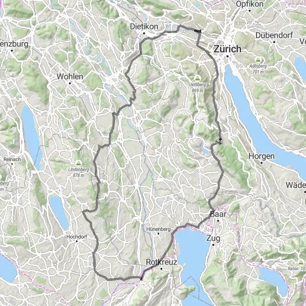 Map miniature of "Zürich to Geltwil Road Adventure" cycling inspiration in Zürich, Switzerland. Generated by Tarmacs.app cycling route planner