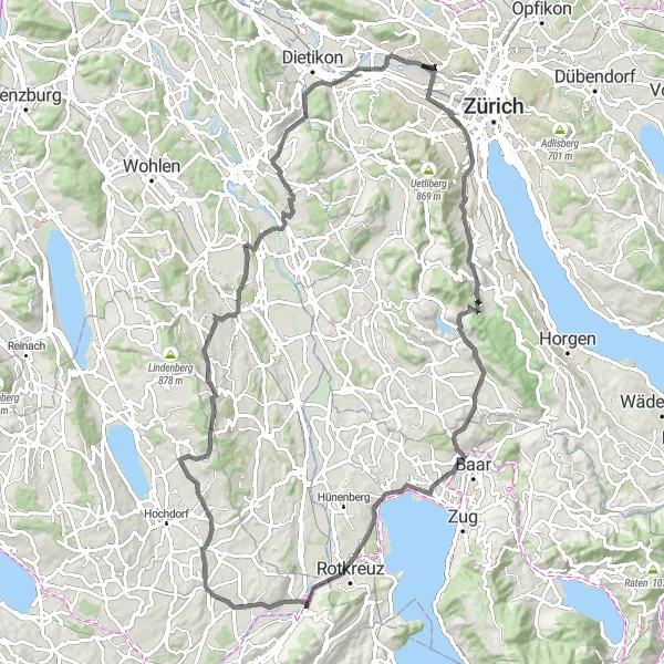 Miniatura della mappa di ispirazione al ciclismo "Giro in bicicletta stradale verso Hausen am Albis" nella regione di Zürich, Switzerland. Generata da Tarmacs.app, pianificatore di rotte ciclistiche