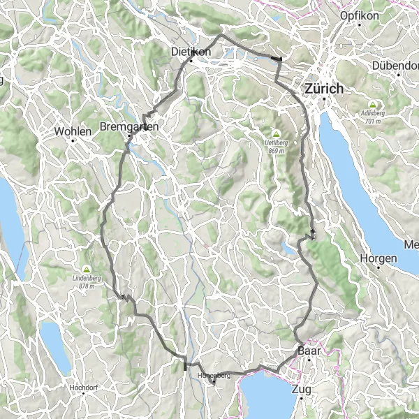 Miniaturní mapa "Okruh Mutschellenpass" inspirace pro cyklisty v oblasti Zürich, Switzerland. Vytvořeno pomocí plánovače tras Tarmacs.app