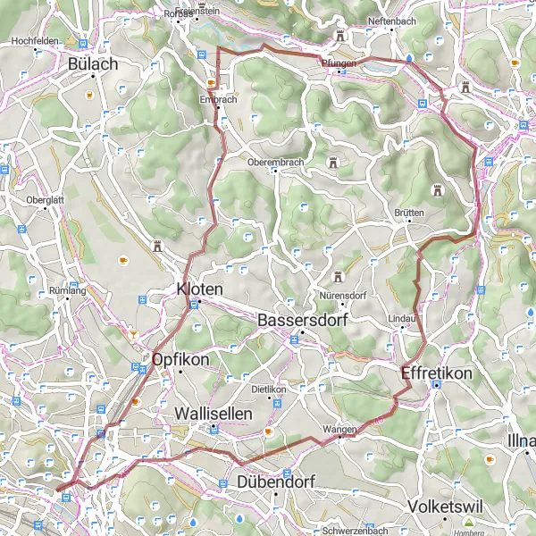 Miniatua del mapa de inspiración ciclista "Cascadas y paisajes en el camino a Wangen" en Zürich, Switzerland. Generado por Tarmacs.app planificador de rutas ciclistas