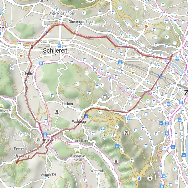 Miniatura della mappa di ispirazione al ciclismo "Giro in Gravel attraverso Industriequartier, Urdorf, Höngg e Waid" nella regione di Zürich, Switzerland. Generata da Tarmacs.app, pianificatore di rotte ciclistiche