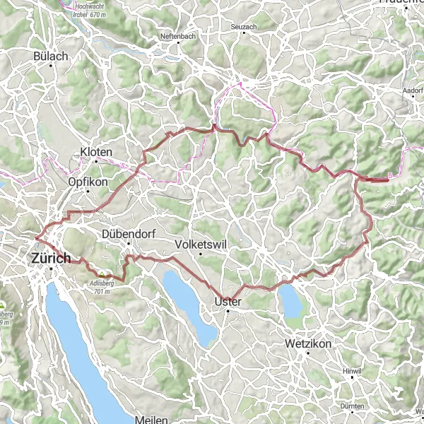 Zemljevid v pomanjšavi "Gravelna pustolovščina skozi zeleno pokrajino" kolesarske inspiracije v Zürich, Switzerland. Generirano z načrtovalcem kolesarskih poti Tarmacs.app