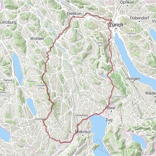 Zemljevid v pomanjšavi "Velika krožna pot od Adliswila do Inwila" kolesarske inspiracije v Zürich, Switzerland. Generirano z načrtovalcem kolesarskih poti Tarmacs.app